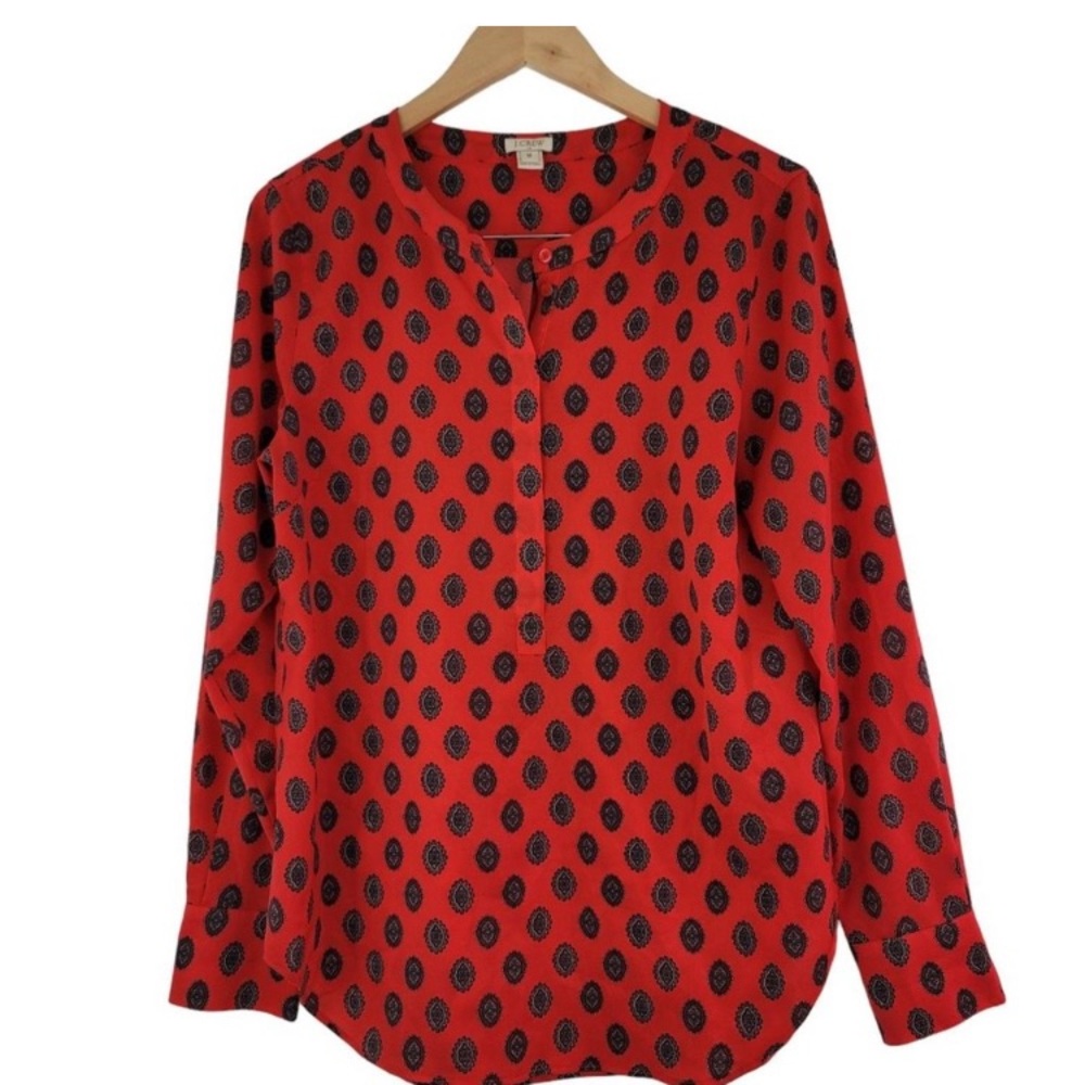 J. Crew Factory Womens Sz M Red Print Popover Tunic Blouse Long Sleeve Paisley